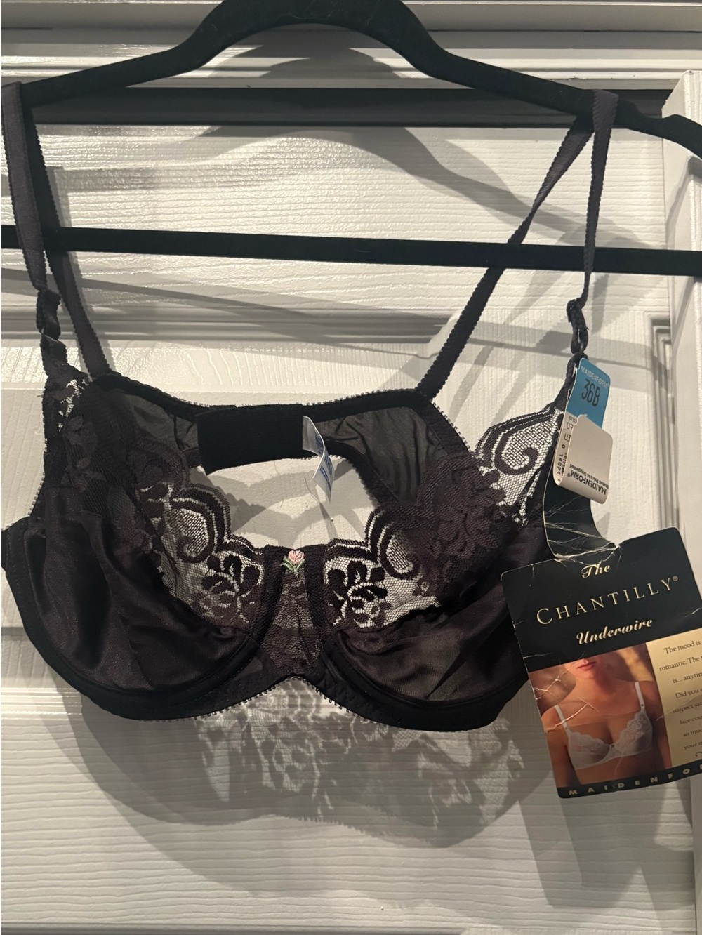 Maidenform Black Lace Bra with Pink Rose Embroidery